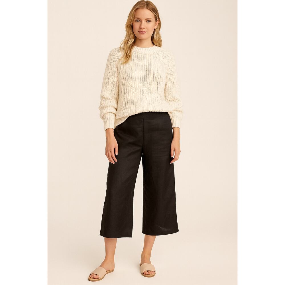 Valerie Stevens Wide Leg Cropped Black 100% Linen Pants 12 Casual Minimalist